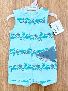 Child of Mine Baby Shark Sleeveless Romper 0-3M Blue Ocean Print NWT